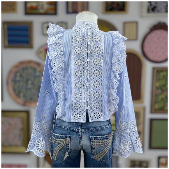 Sea Exploded New York Exploded Eyelet Ruffle Top Retail $ 345 Blue White - Picture 13 of 16